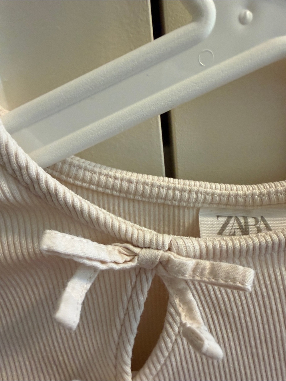 Zara Cream Ribbed Tank with Front Keyhole and Bow